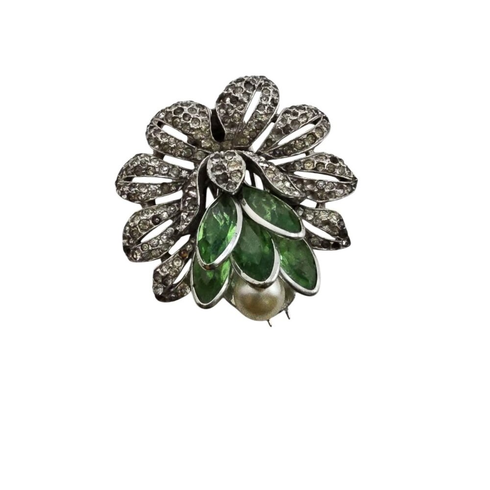 Vintage Rare Signed Trifari Alfred Philippe Paste and Glass Flower Fur Clip